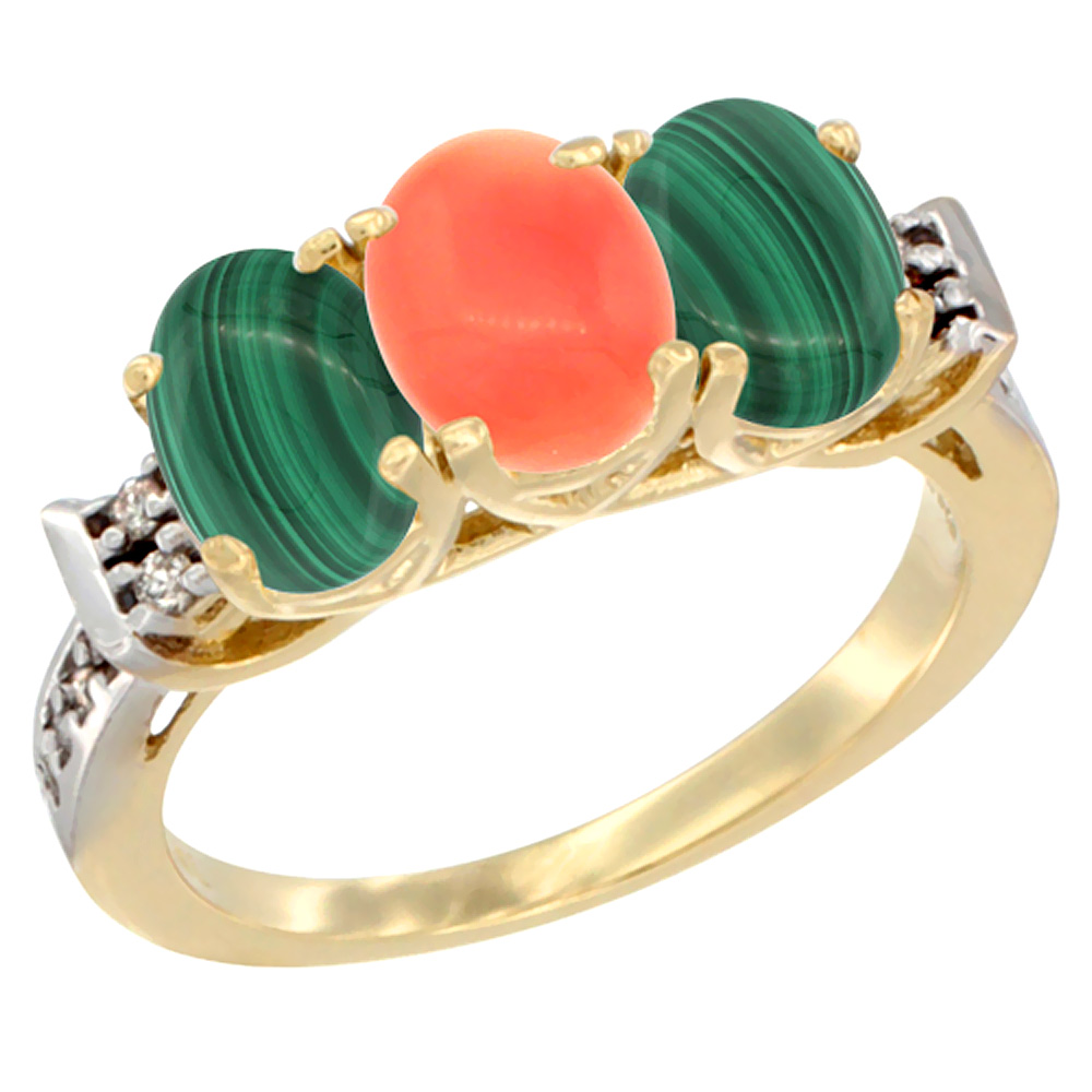 10K Yellow Gold Natural Coral &amp; Malachite Sides Ring 3-Stone Oval 7x5 mm Diamond Accent, sizes 5 - 10