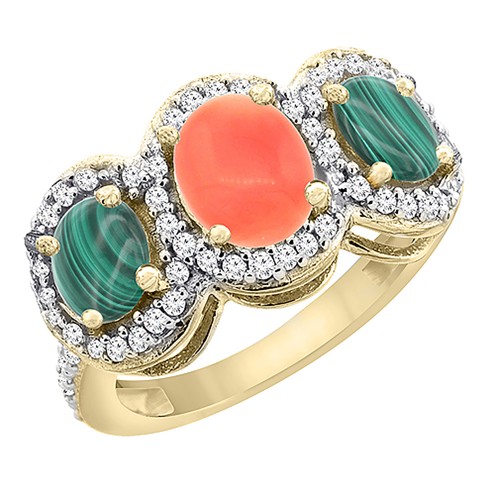 10K Yellow Gold Natural Coral &amp; Malachite 3-Stone Ring Oval Diamond Accent, sizes 5 - 10