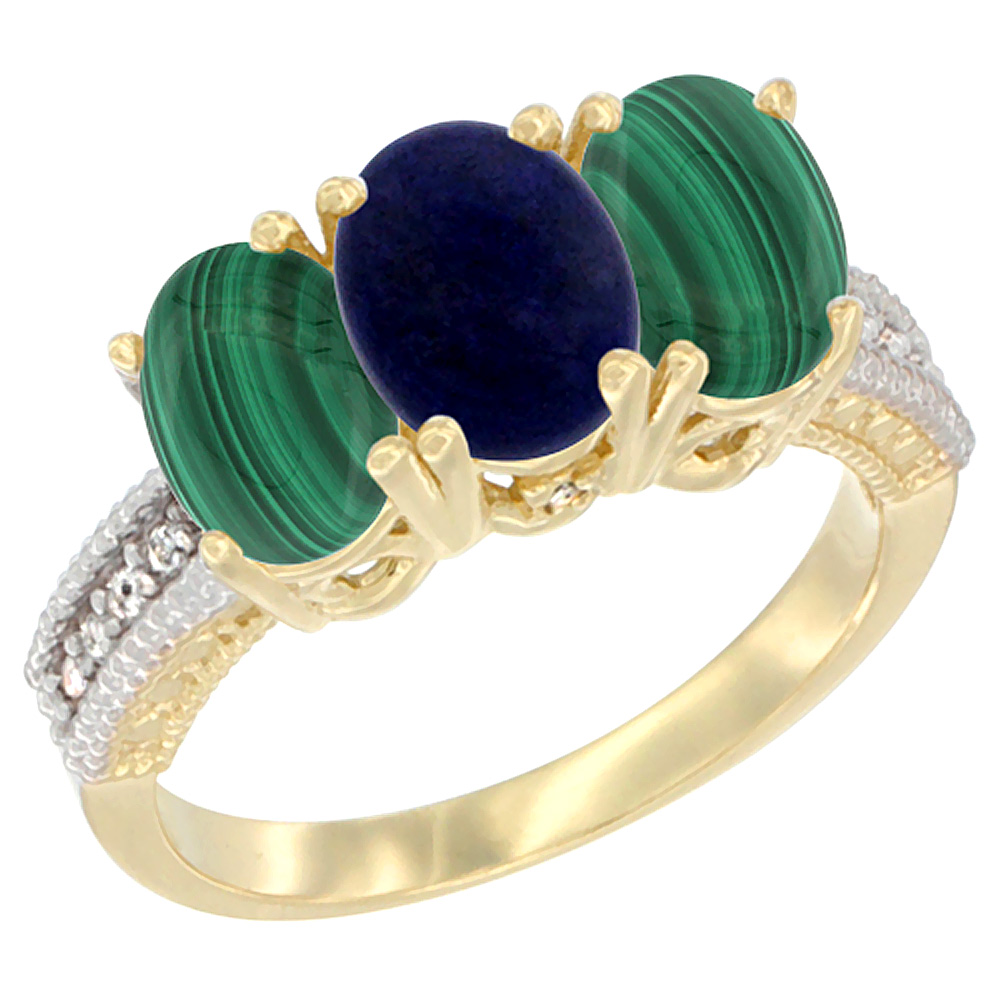 14K Yellow Gold Natural Lapis Ring with Malachite 3-Stone 7x5 mm Oval Diamond Accent, sizes 5 - 10
