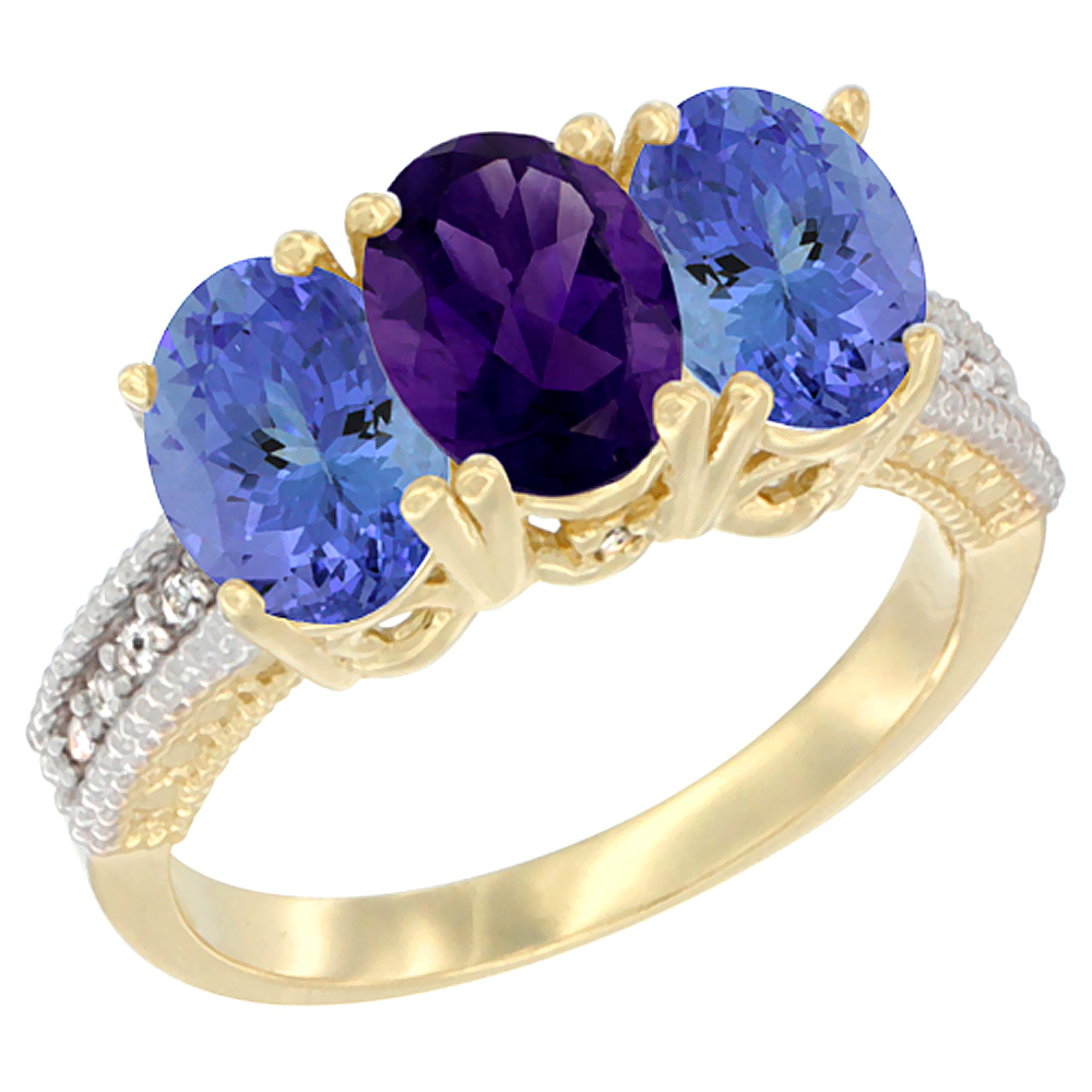 14K Yellow Gold Natural Amethyst Ring with Tanzanite 3-Stone 7x5 mm Oval Diamond Accent, sizes 5 - 10