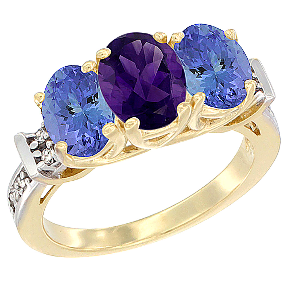 10K Yellow Gold Natural Amethyst &amp; Tanzanite Sides Ring 3-Stone Oval Diamond Accent, sizes 5 - 10