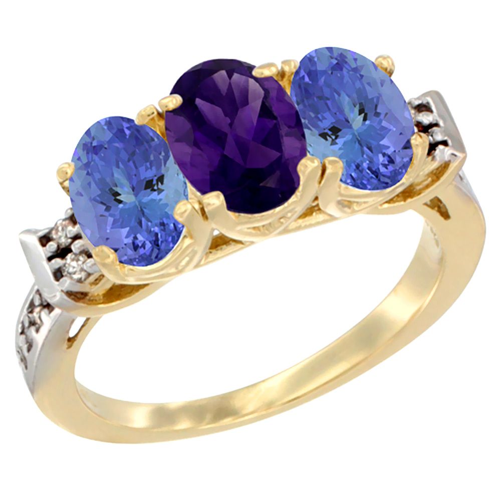 14K Yellow Gold Natural Amethyst &amp; Tanzanite Ring 3-Stone 7x5 mm Oval Diamond Accent, sizes 5 - 10