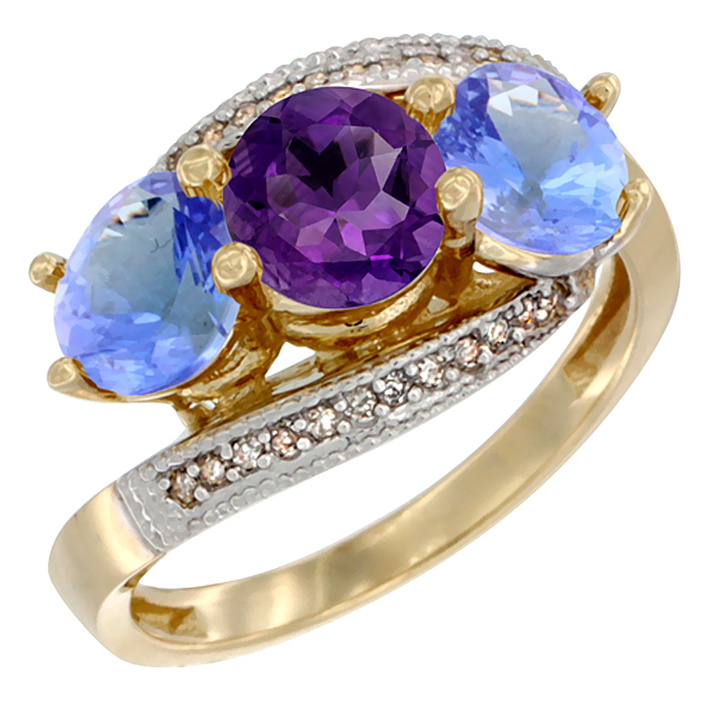 10K Yellow Gold Natural Amethyst & Tanzanite Sides 3 stone Ring Round 6mm Diamond Accent, sizes 5 - 10