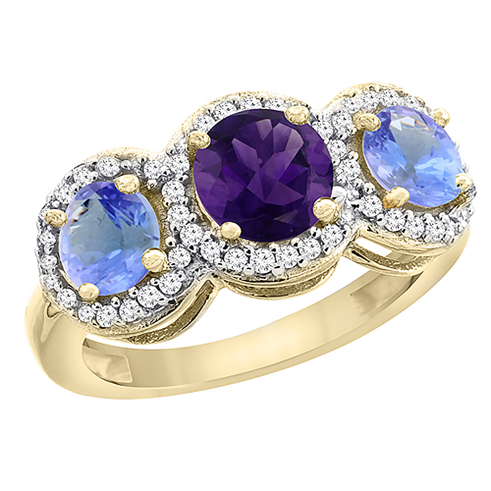 14K Yellow Gold Natural Amethyst &amp; Tanzanite Sides Round 3-stone Ring Diamond Accents, sizes 5 - 10