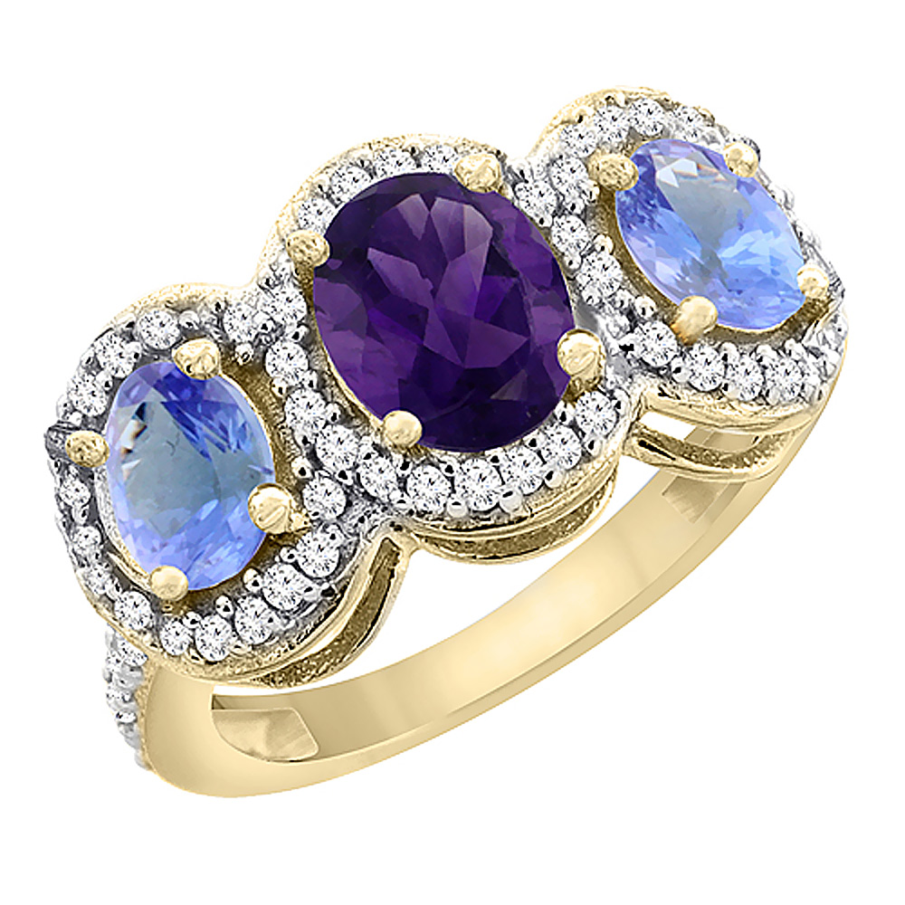 14K Yellow Gold Natural Amethyst &amp; Tanzanite 3-Stone Ring Oval Diamond Accent, sizes 5 - 10