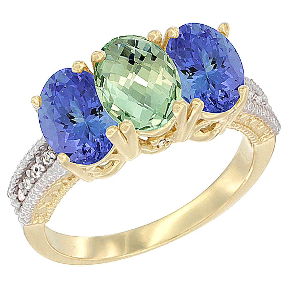 14K Yellow Gold Natural Green Amethyst Ring with Tanzanite 3-Stone 7x5 mm Oval Diamond Accent, sizes 5 - 10