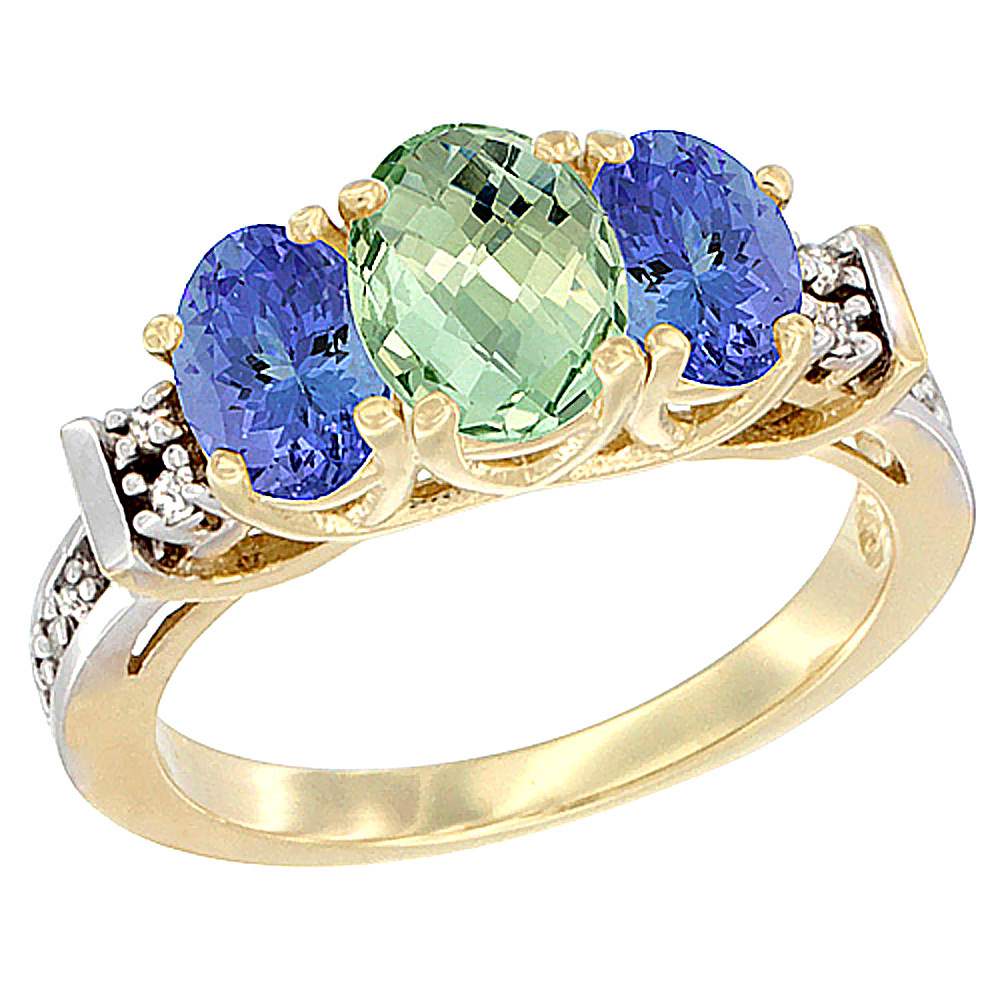 14K Yellow Gold Natural Green Amethyst &amp; Tanzanite Ring 3-Stone Oval Diamond Accent