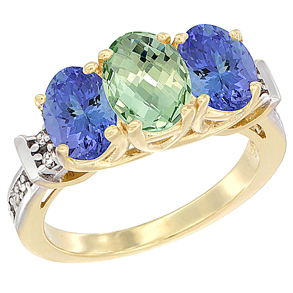 14K Yellow Gold Natural Green Amethyst &amp; Tanzanite Sides Ring 3-Stone Oval Diamond Accent, sizes 5 - 10