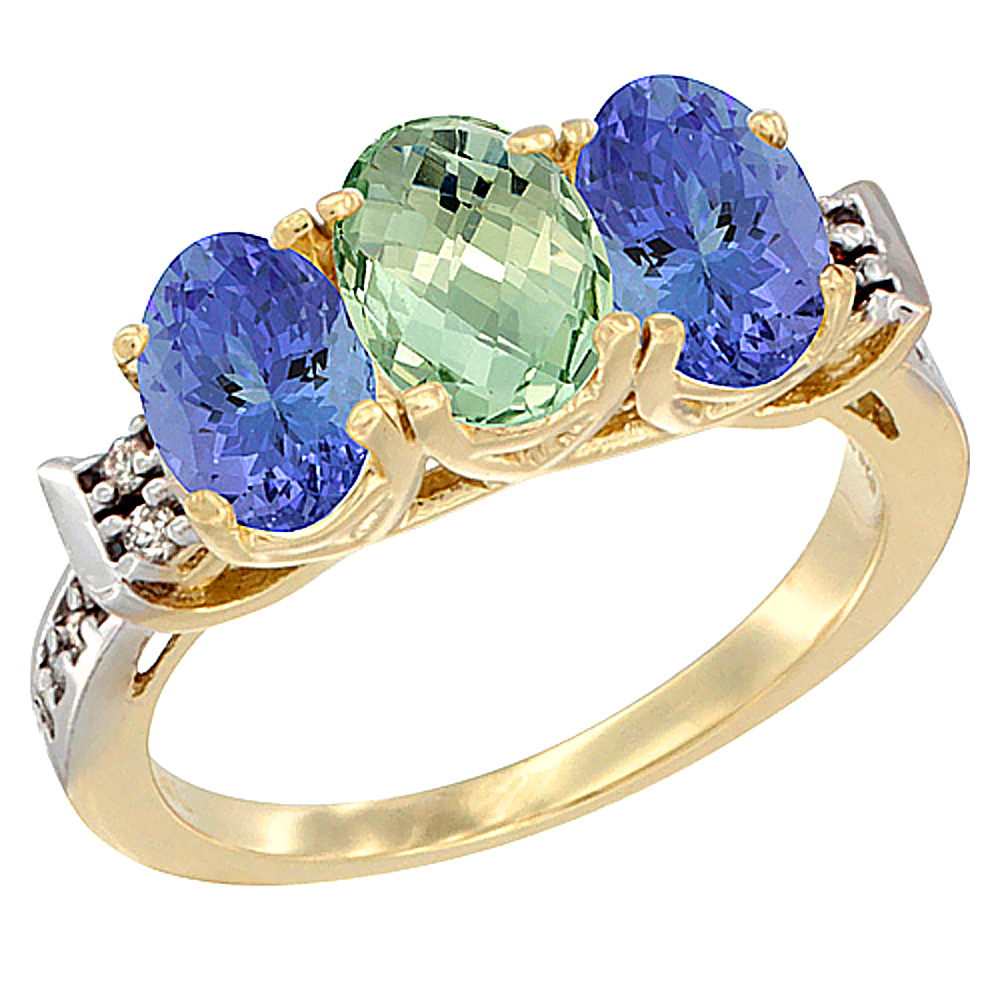 10K Yellow Gold Natural Green Amethyst &amp; Tanzanite Sides Ring 3-Stone Oval 7x5 mm Diamond Accent, sizes 5 - 10