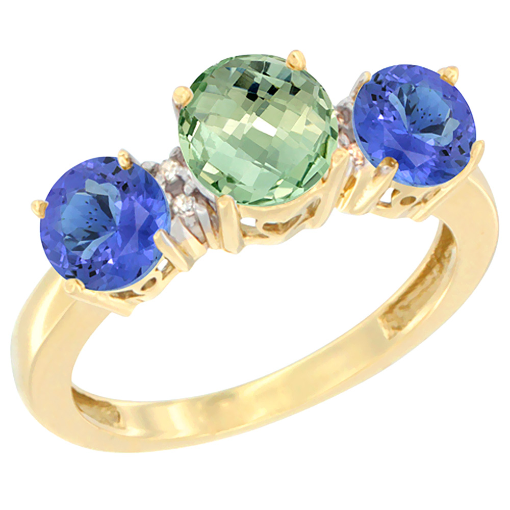 10K Yellow Gold Round 3-Stone Natural Green Amethyst Ring &amp; Tanzanite Sides Diamond Accent, sizes 5 - 10