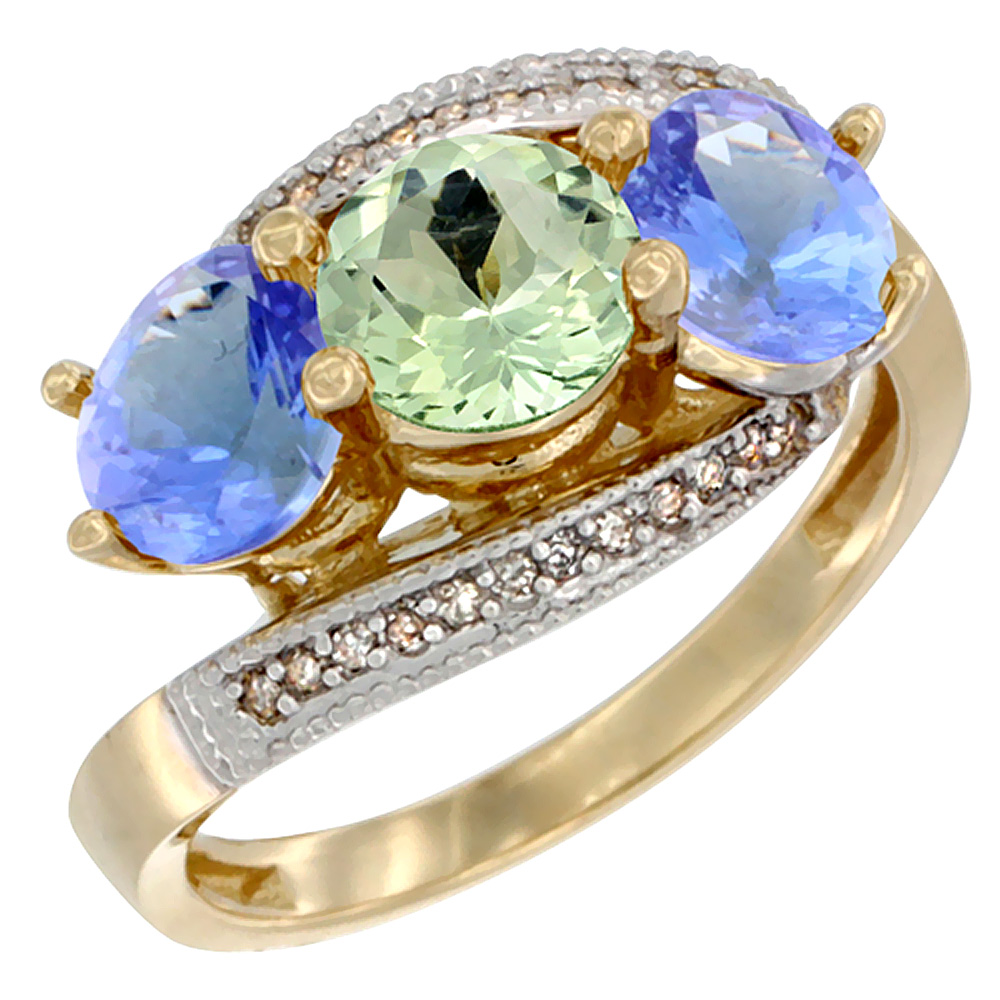 14K Yellow Gold Natural Green Amethyst & Tanzanite Sides 3 stone Ring Round 6mm Diamond Accent, sizes 5 - 10