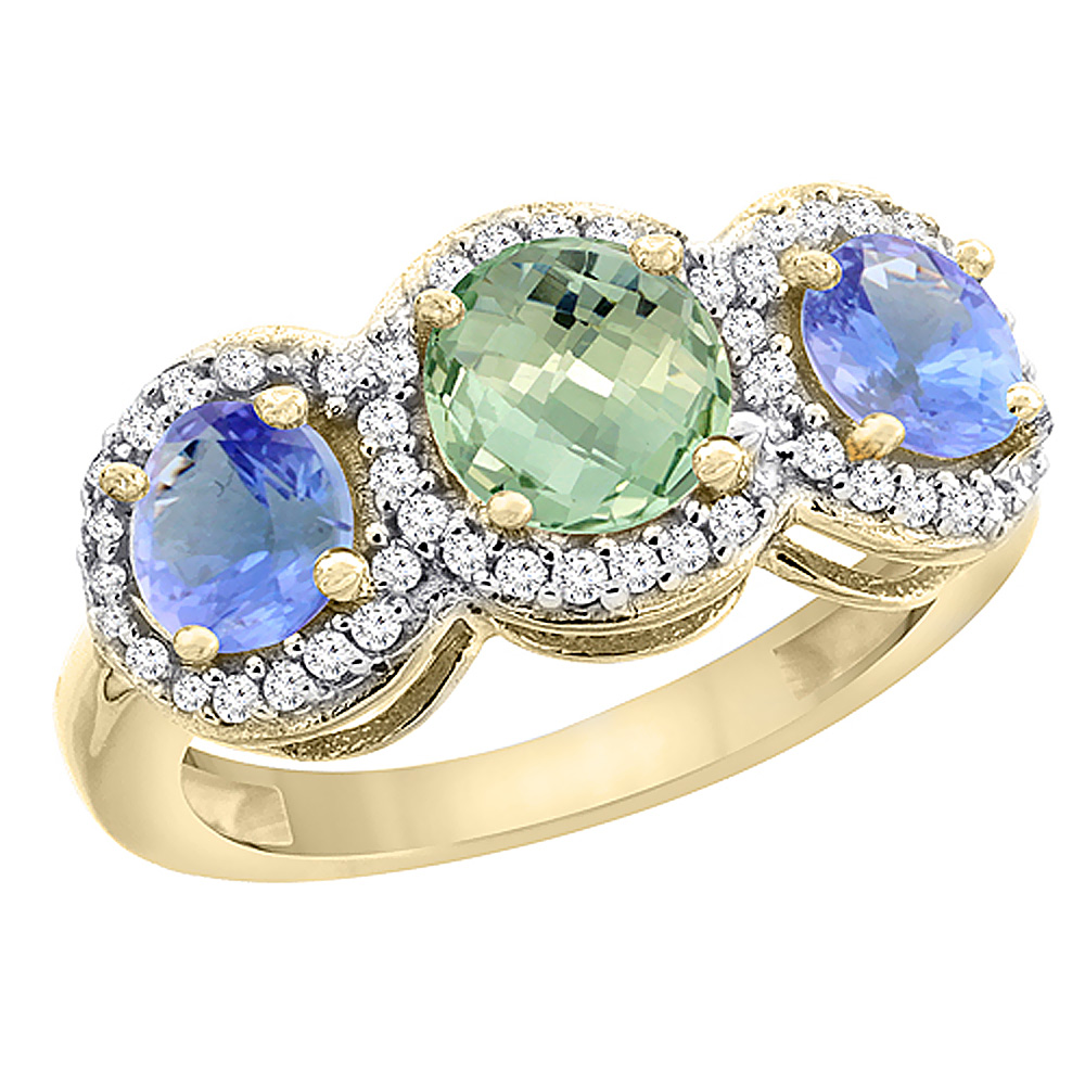 10K Yellow Gold Natural Green Amethyst &amp; Tanzanite Sides Round 3-stone Ring Diamond Accents, sizes 5 - 10