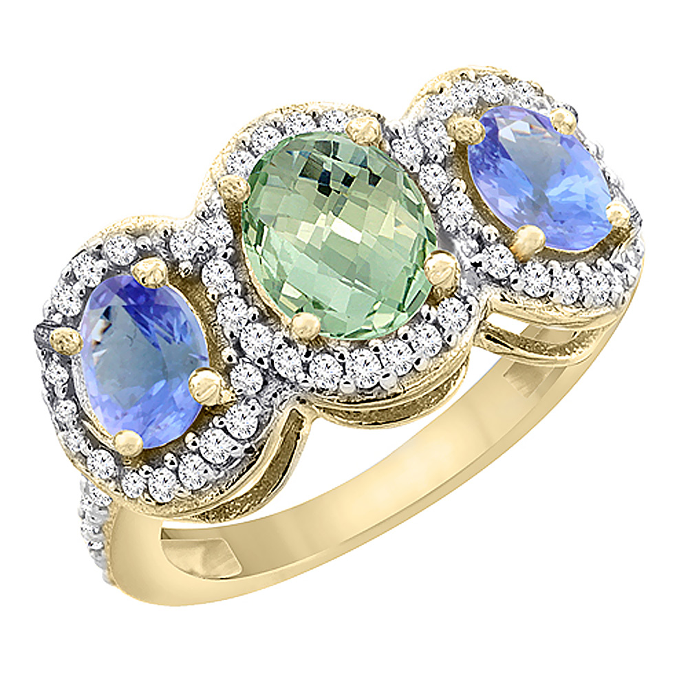 14K Yellow Gold Natural Green Amethyst &amp; Tanzanite 3-Stone Ring Oval Diamond Accent, sizes 5 - 10