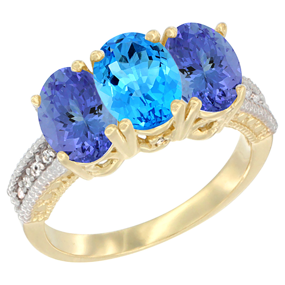 14K Yellow Gold Natural Swiss Blue Topaz Ring with Tanzanite 3-Stone 7x5 mm Oval Diamond Accent, sizes 5 - 10