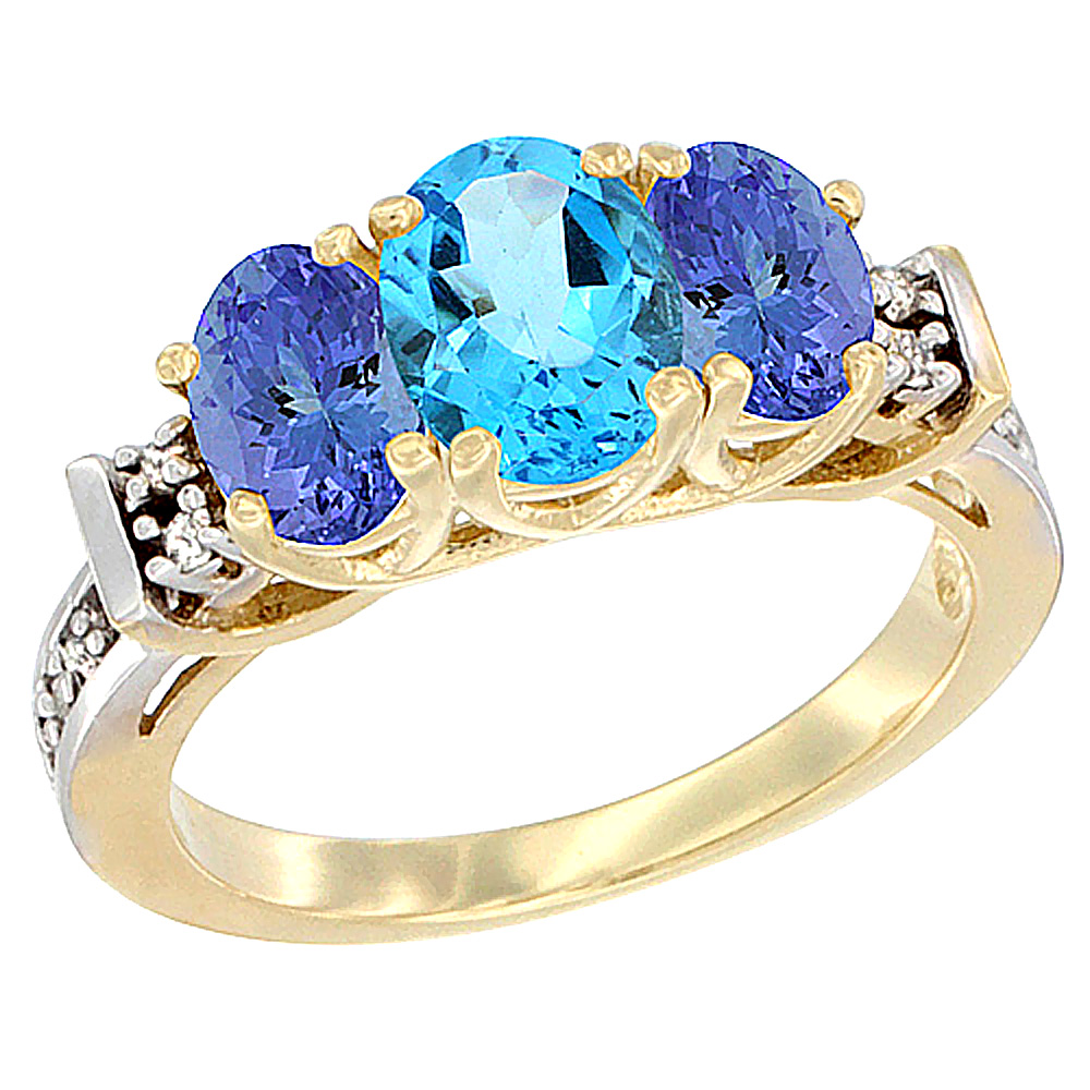 10K Yellow Gold Natural Swiss Blue Topaz &amp; Tanzanite Ring 3-Stone Oval Diamond Accent