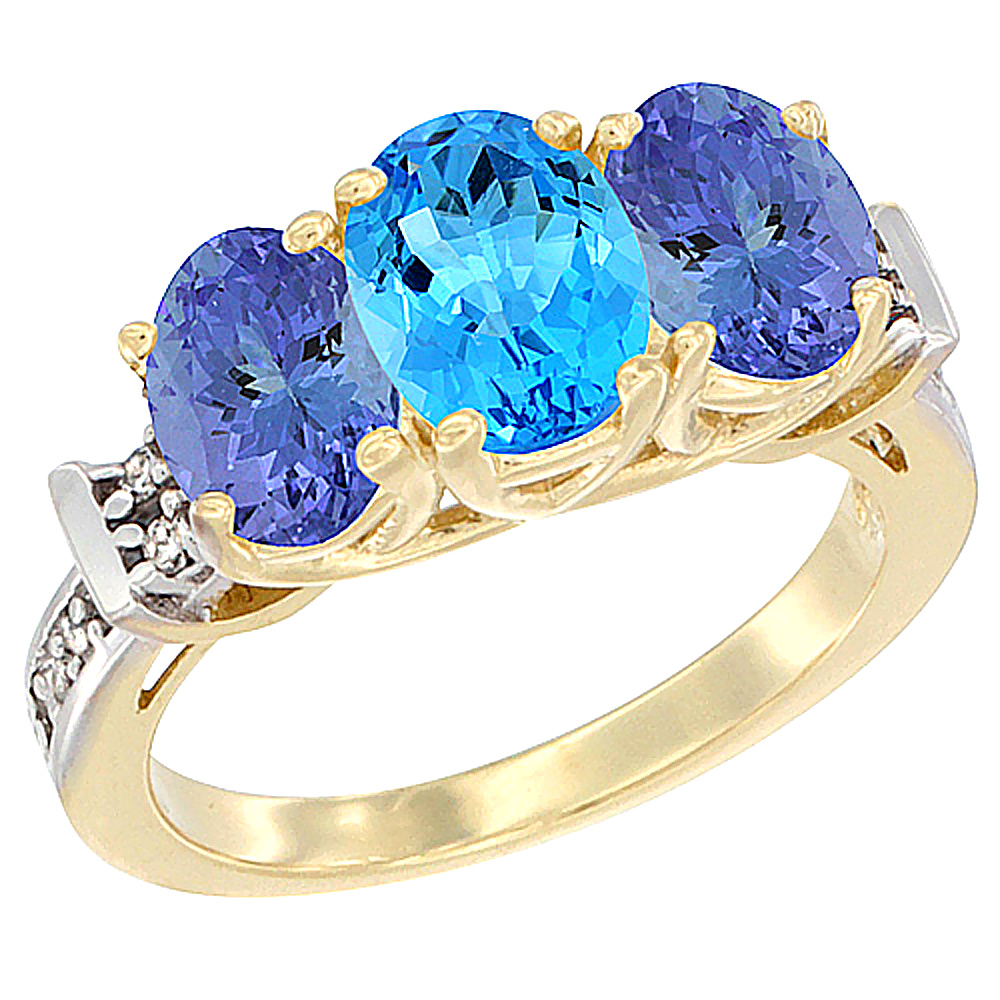 10K Yellow Gold Natural Swiss Blue Topaz & Tanzanite Sides Ring 3-Stone Oval Diamond Accent, sizes 5 - 10