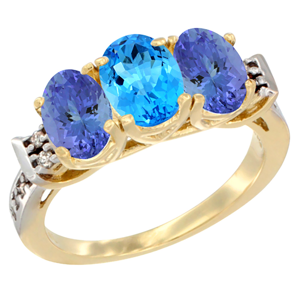 10K Yellow Gold Natural Swiss Blue Topaz &amp; Tanzanite Sides Ring 3-Stone Oval 7x5 mm Diamond Accent, sizes 5 - 10