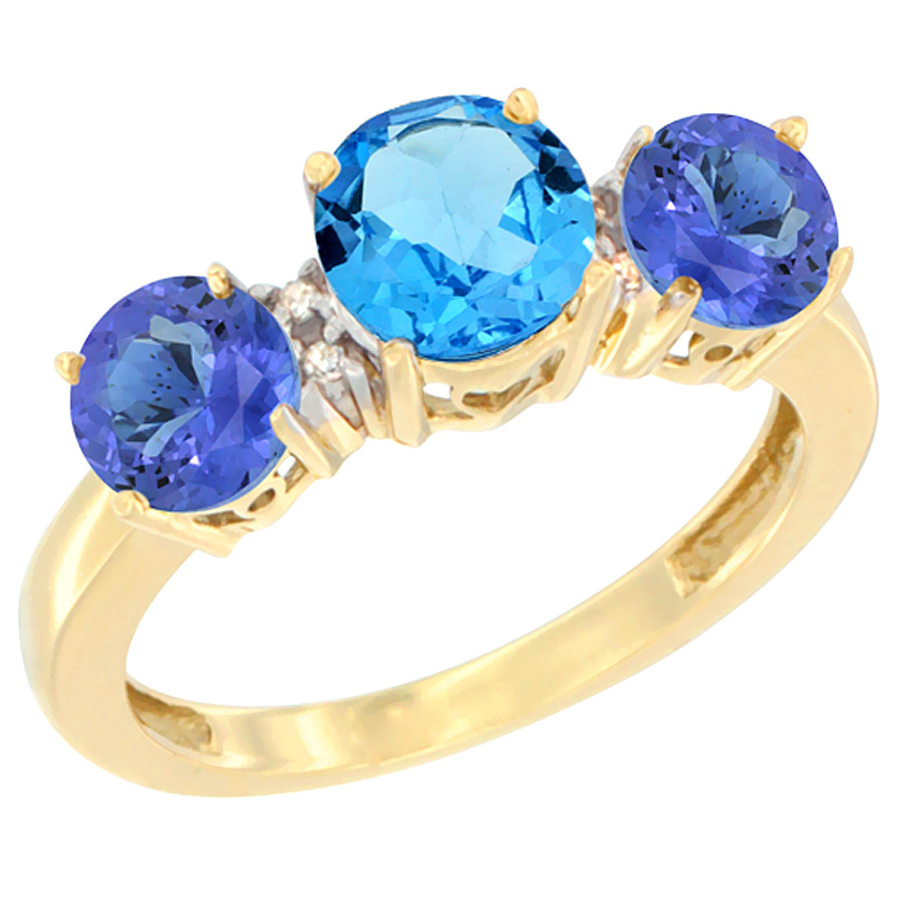 14K Yellow Gold Round 3-Stone Natural Swiss Blue Topaz Ring &amp; Tanzanite Sides Diamond Accent, sizes 5 - 10
