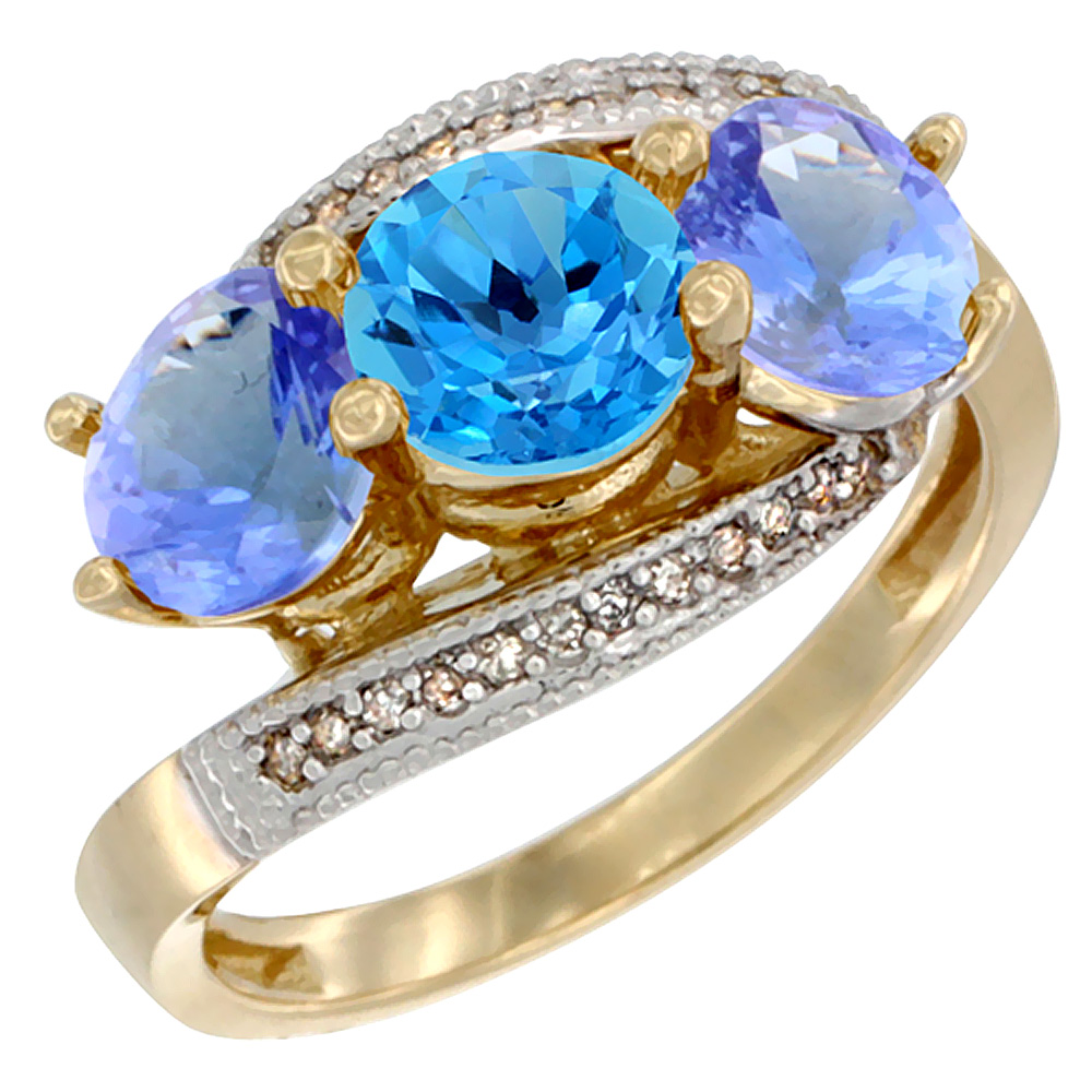 10K Yellow Gold Natural Swiss Blue Topaz &amp; Tanzanite Sides 3 stone Ring Round 6mm Diamond Accent, sizes 5 - 10