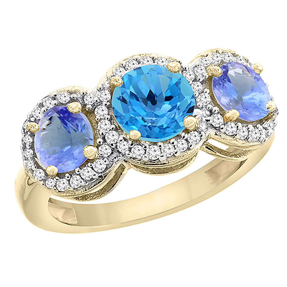 10K Yellow Gold Natural Swiss Blue Topaz & Tanzanite Sides Round 3-stone Ring Diamond Accents, sizes 5 - 10