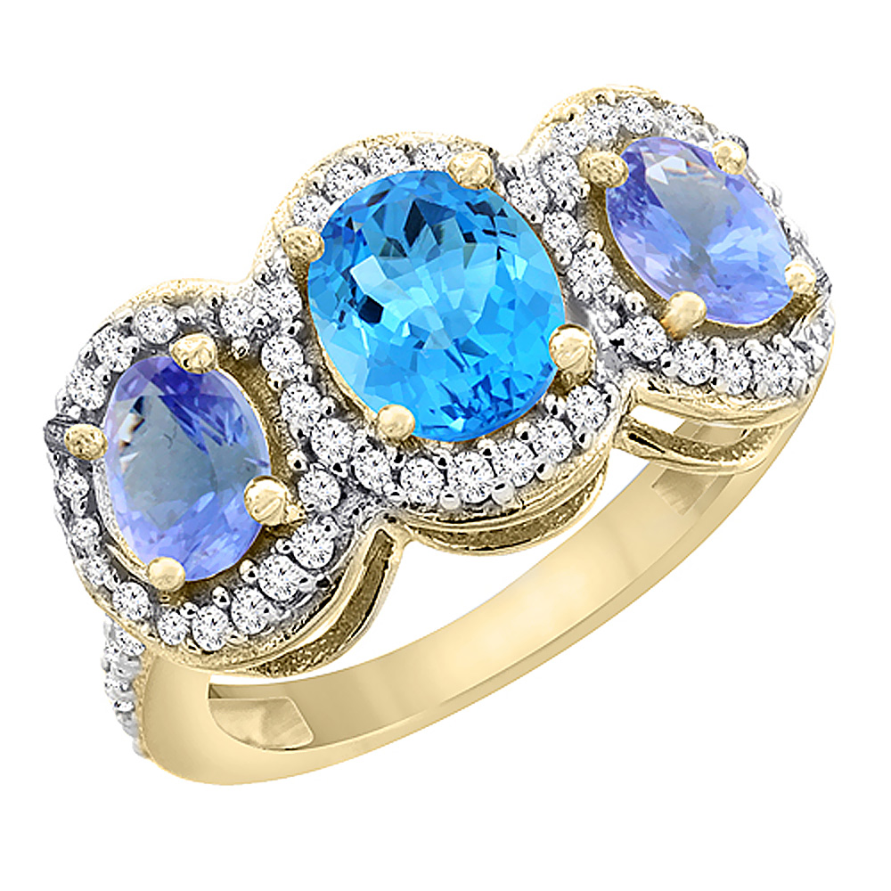 14K Yellow Gold Natural Swiss Blue Topaz & Tanzanite 3-Stone Ring Oval Diamond Accent, sizes 5 - 10