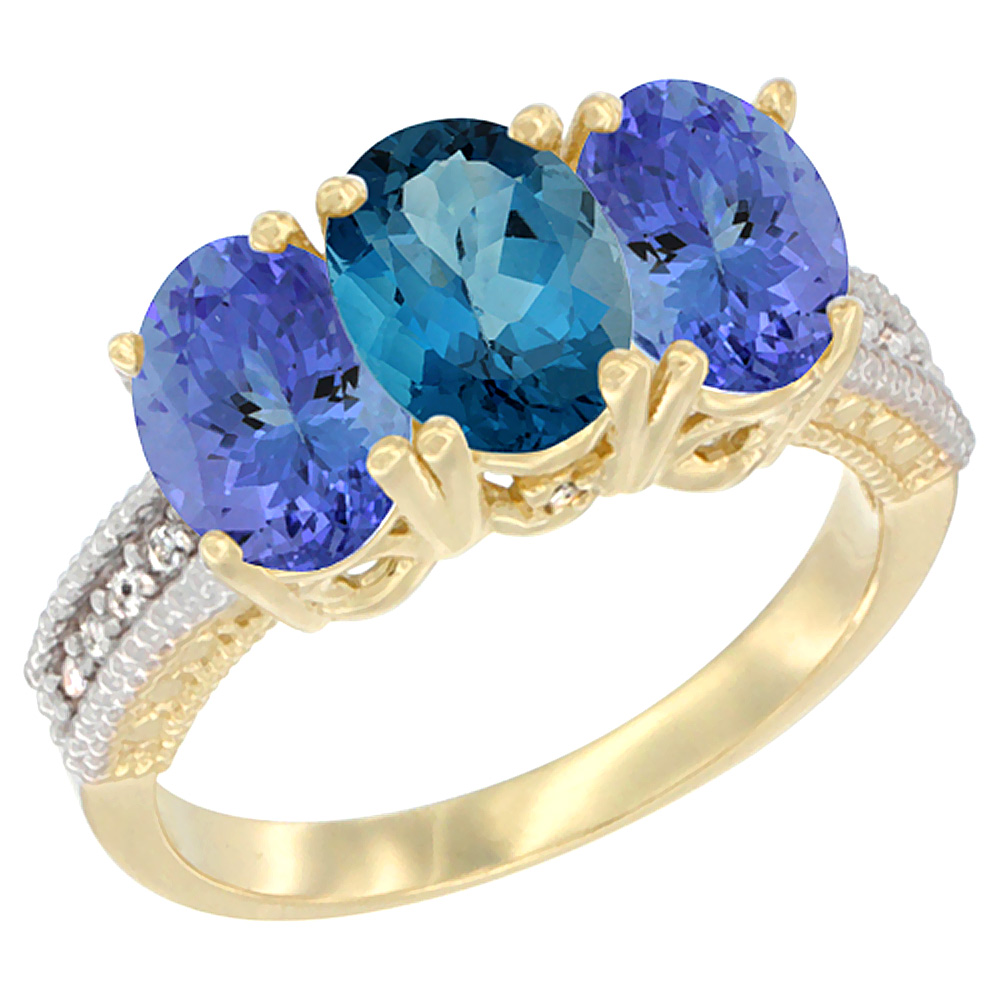 14K Yellow Gold Natural London Blue Topaz Ring with Tanzanite 3-Stone 7x5 mm Oval Diamond Accent, sizes 5 - 10