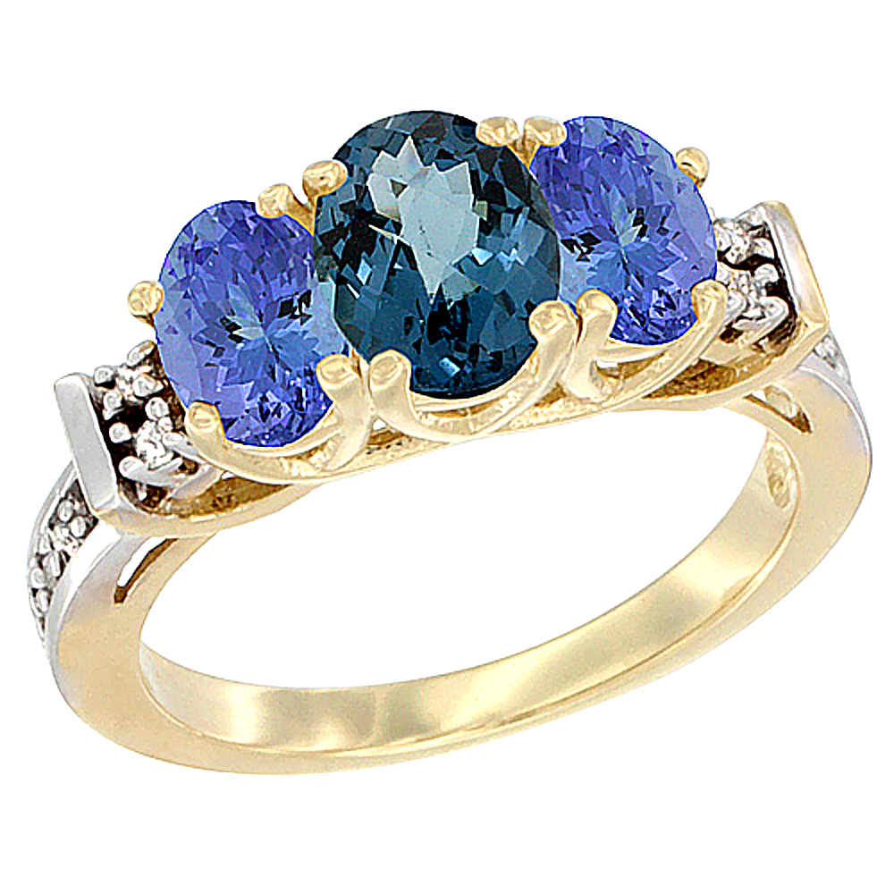 14K Yellow Gold Natural London Blue Topaz & Tanzanite Ring 3-Stone Oval Diamond Accent