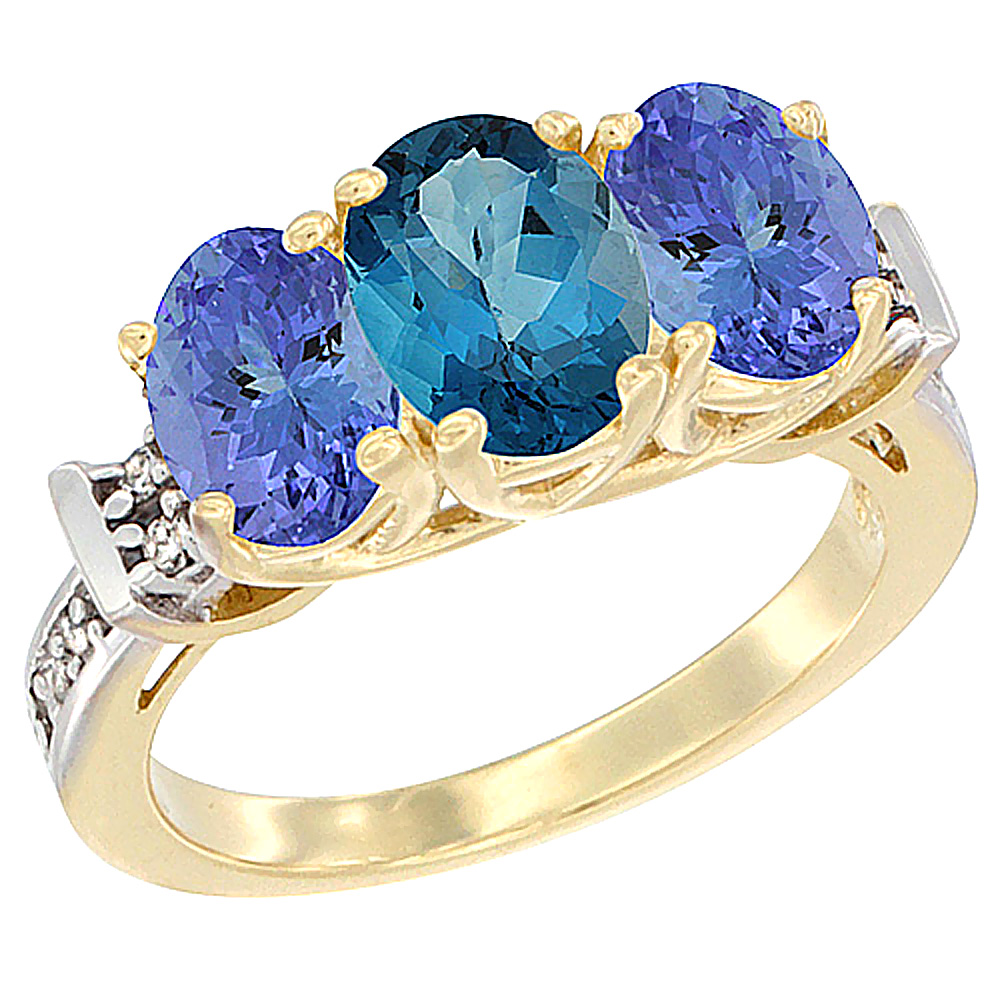 14K Yellow Gold Natural London Blue Topaz & Tanzanite Sides Ring 3-Stone Oval Diamond Accent, sizes 5 - 10