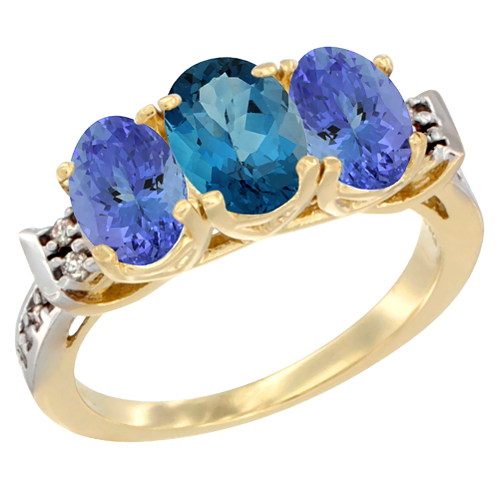 10K Yellow Gold Natural London Blue Topaz &amp; Tanzanite Sides Ring 3-Stone Oval 7x5 mm Diamond Accent, sizes 5 - 10