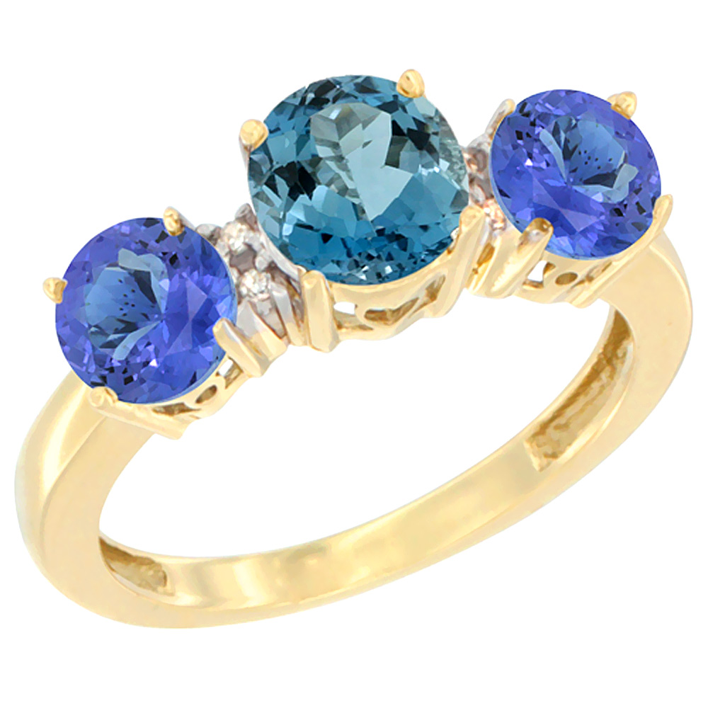 14K Yellow Gold Round 3-Stone Natural London Blue Topaz Ring &amp; Tanzanite Sides Diamond Accent, sizes 5 - 10
