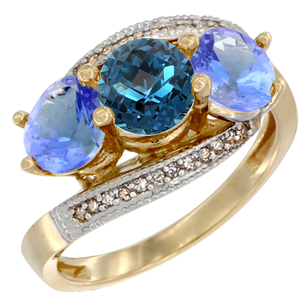 10K Yellow Gold Natural London Blue Topaz & Tanzanite Sides 3 stone Ring Round 6mm Diamond Accent, sizes 5 - 10