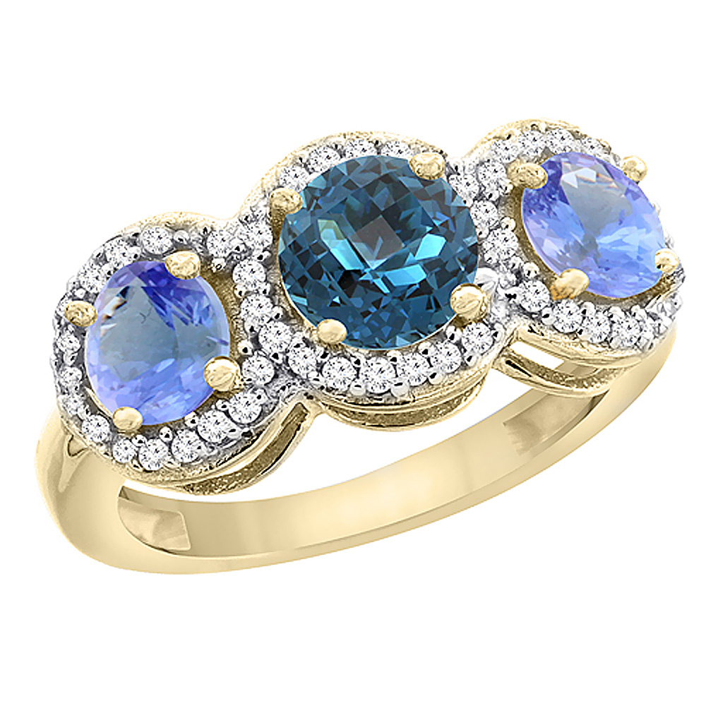 10K Yellow Gold Natural London Blue Topaz & Tanzanite Sides Round 3-stone Ring Diamond Accents, sizes 5 - 10