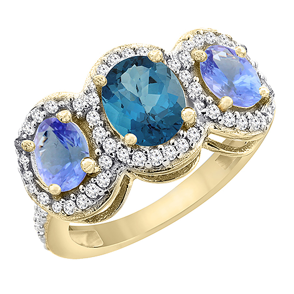 14K Yellow Gold Natural London Blue Topaz &amp; Tanzanite 3-Stone Ring Oval Diamond Accent, sizes 5 - 10