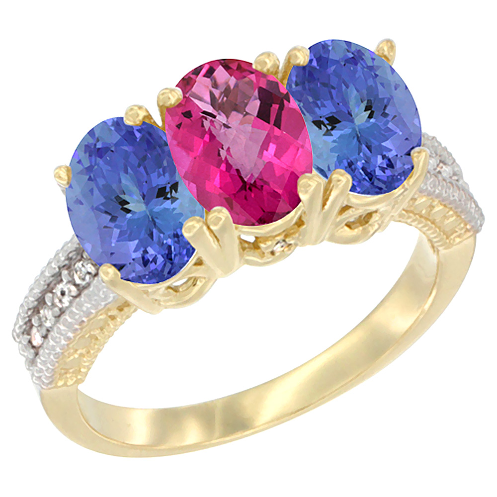 14K Yellow Gold Natural Pink Topaz Ring with Tanzanite 3-Stone 7x5 mm Oval Diamond Accent, sizes 5 - 10