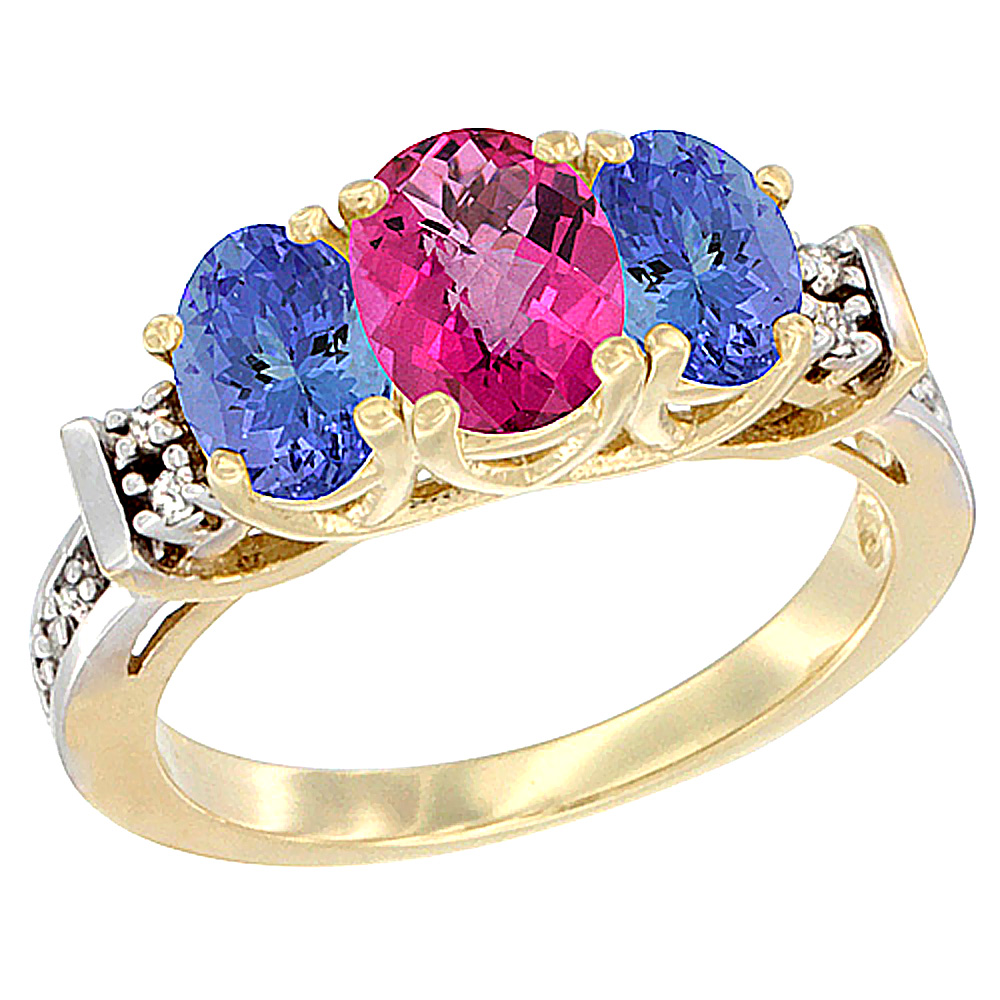 14K Yellow Gold Natural Pink Topaz & Tanzanite Ring 3-Stone Oval Diamond Accent