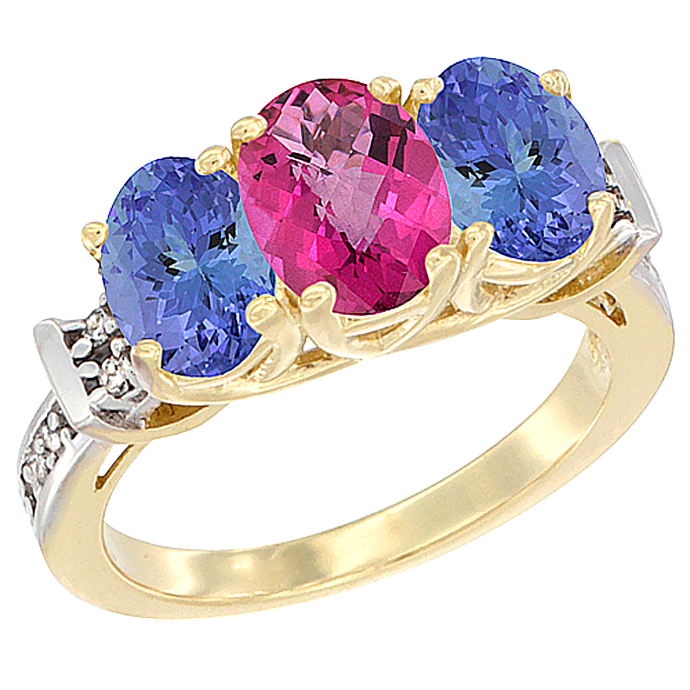 14K Yellow Gold Natural Pink Topaz &amp; Tanzanite Sides Ring 3-Stone Oval Diamond Accent, sizes 5 - 10