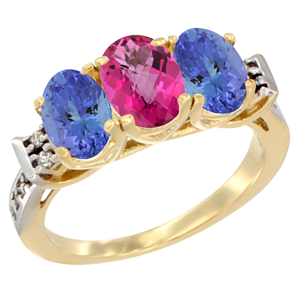 14K Yellow Gold Natural Pink Topaz & Tanzanite Ring 3-Stone 7x5 mm Oval Diamond Accent, sizes 5 - 10