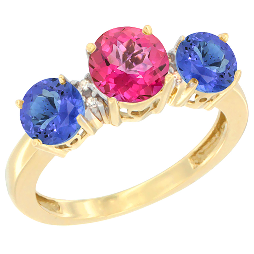 10K Yellow Gold Round 3-Stone Natural Pink Topaz Ring &amp; Tanzanite Sides Diamond Accent, sizes 5 - 10