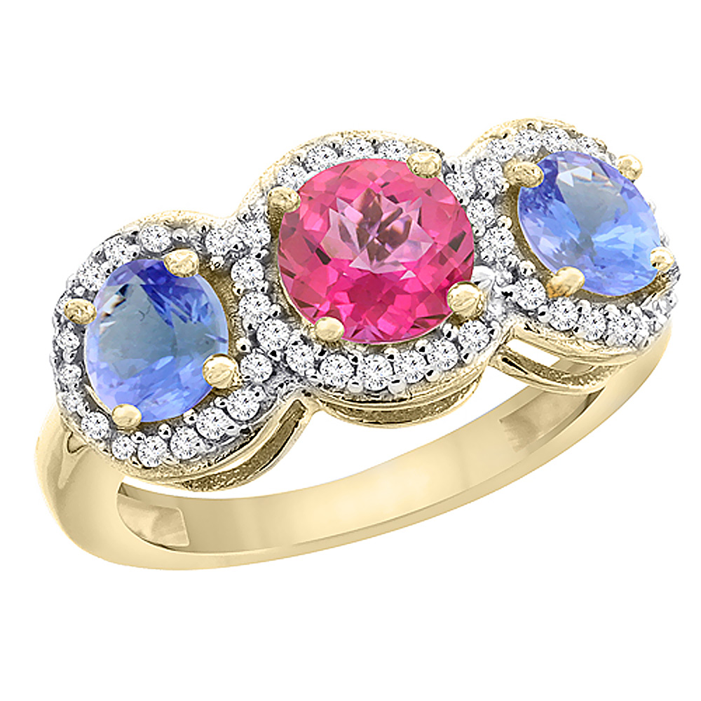 10K Yellow Gold Natural Pink Topaz & Tanzanite Sides Round 3-stone Ring Diamond Accents, sizes 5 - 10