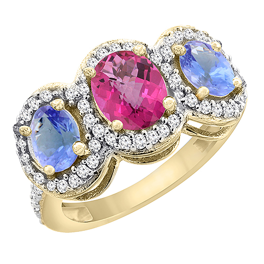10K Yellow Gold Natural Pink Topaz & Tanzanite 3-Stone Ring Oval Diamond Accent, sizes 5 - 10
