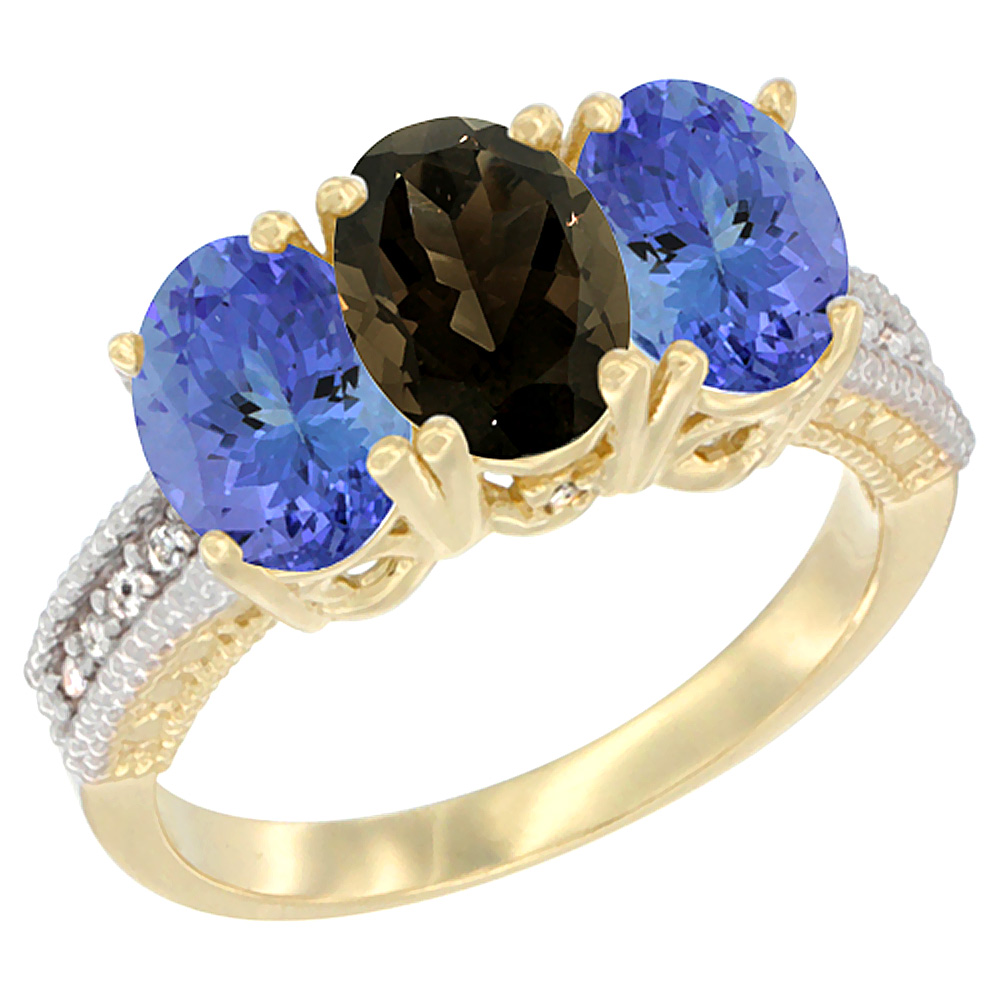 14K Yellow Gold Natural Smoky Topaz Ring with Tanzanite 3-Stone 7x5 mm Oval Diamond Accent, sizes 5 - 10