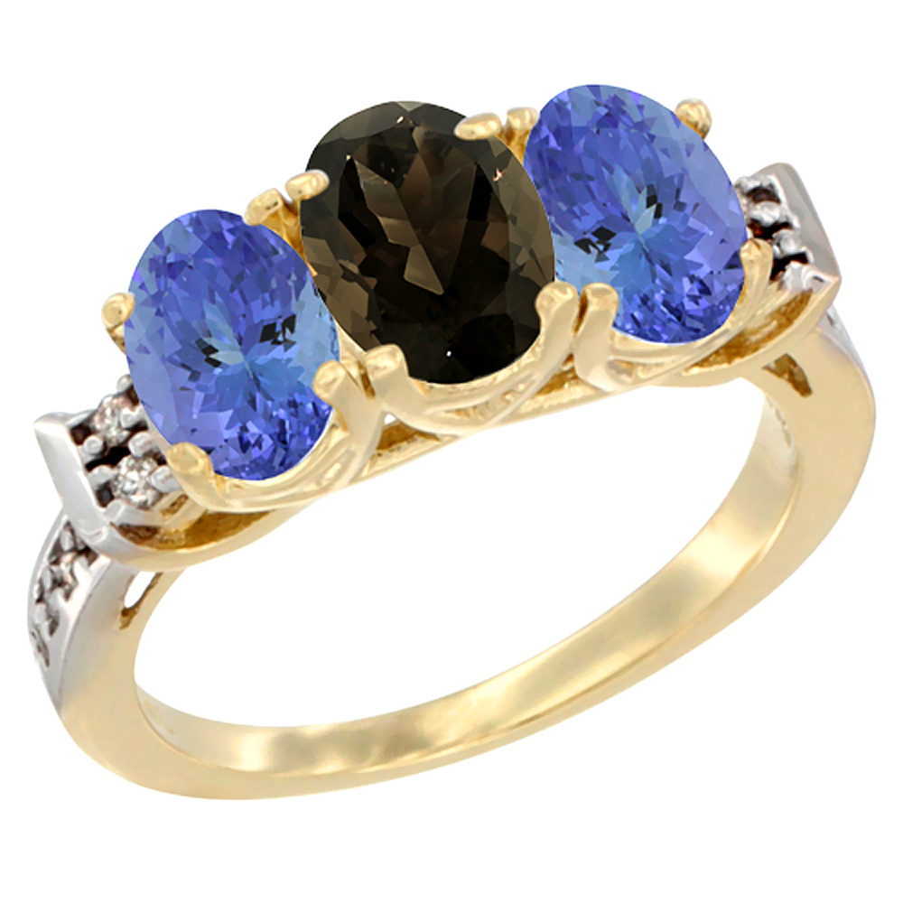 10K Yellow Gold Natural Smoky Topaz &amp; Tanzanite Sides Ring 3-Stone Oval 7x5 mm Diamond Accent, sizes 5 - 10