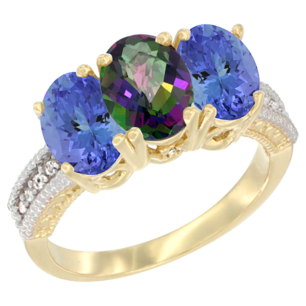 14K Yellow Gold Natural Mystic Topaz Ring with Tanzanite 3-Stone 7x5 mm Oval Diamond Accent, sizes 5 - 10