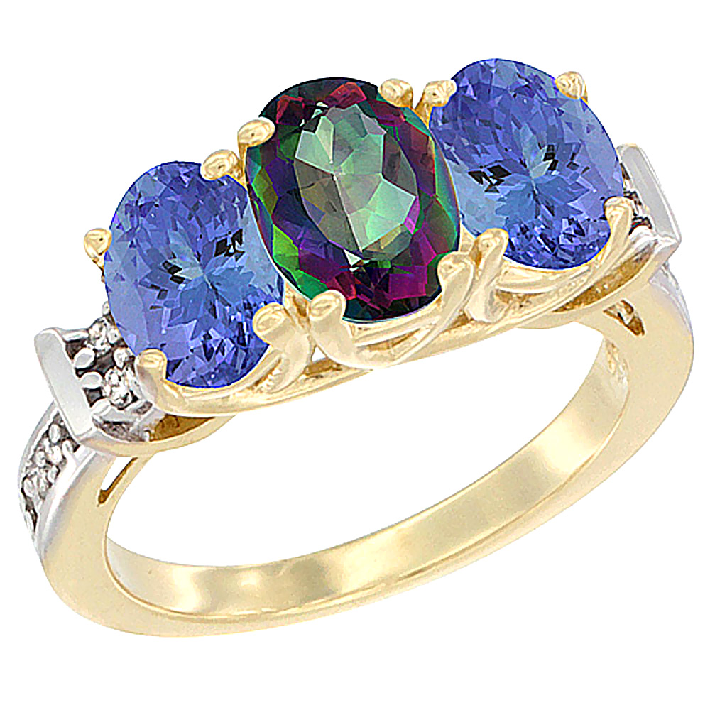 10K Yellow Gold Natural Mystic Topaz &amp; Tanzanite Sides Ring 3-Stone Oval Diamond Accent, sizes 5 - 10