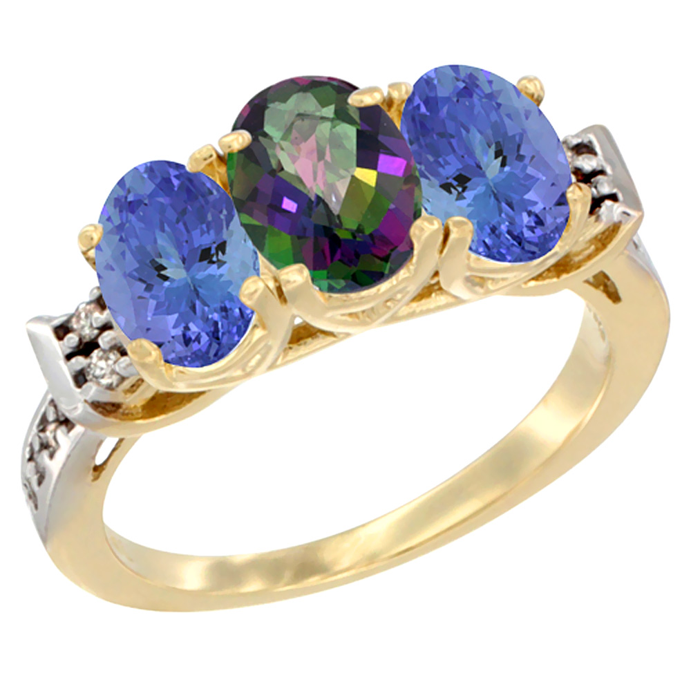 10K Yellow Gold Natural Mystic Topaz &amp; Tanzanite Sides Ring 3-Stone Oval 7x5 mm Diamond Accent, sizes 5 - 10