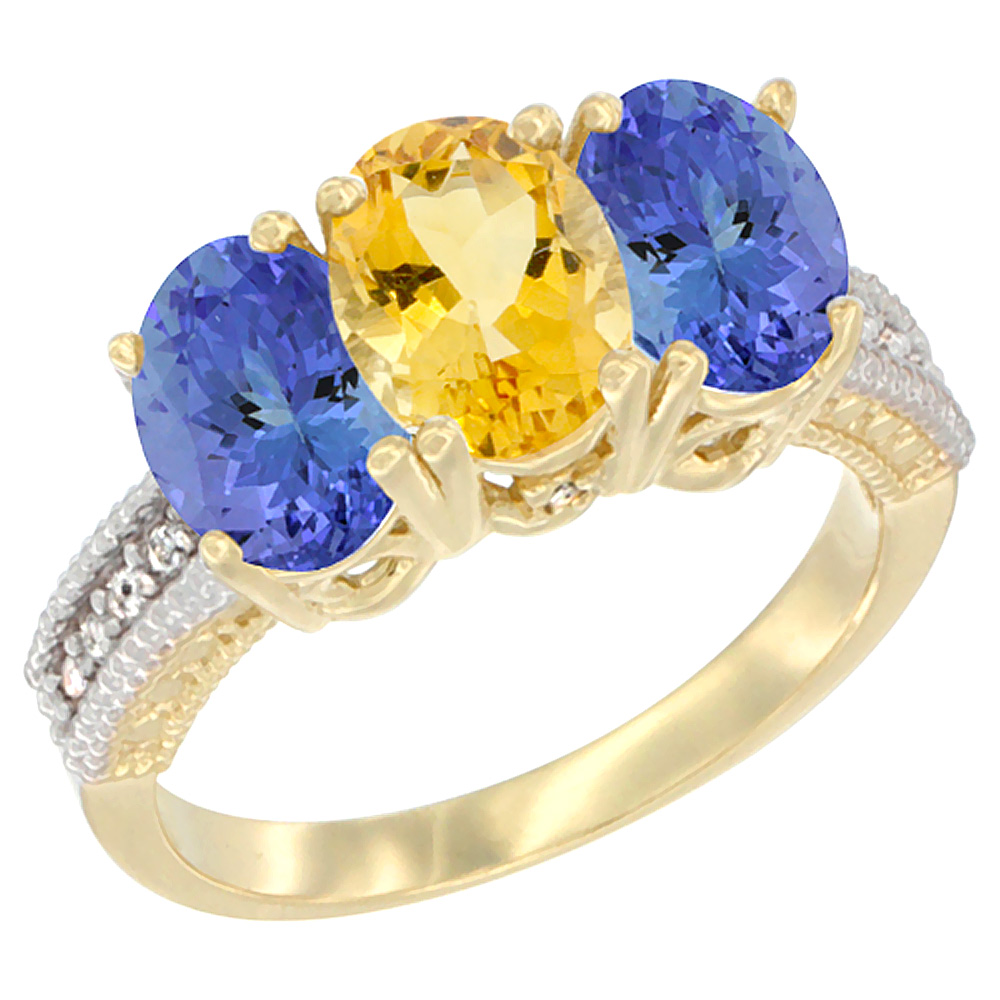 14K Yellow Gold Natural Citrine Ring with Tanzanite 3-Stone 7x5 mm Oval Diamond Accent, sizes 5 - 10