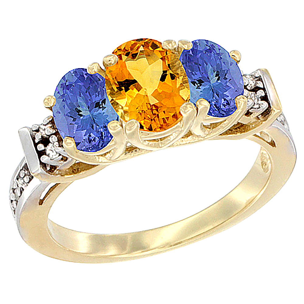 14K Yellow Gold Natural Citrine & Tanzanite Ring 3-Stone Oval Diamond Accent