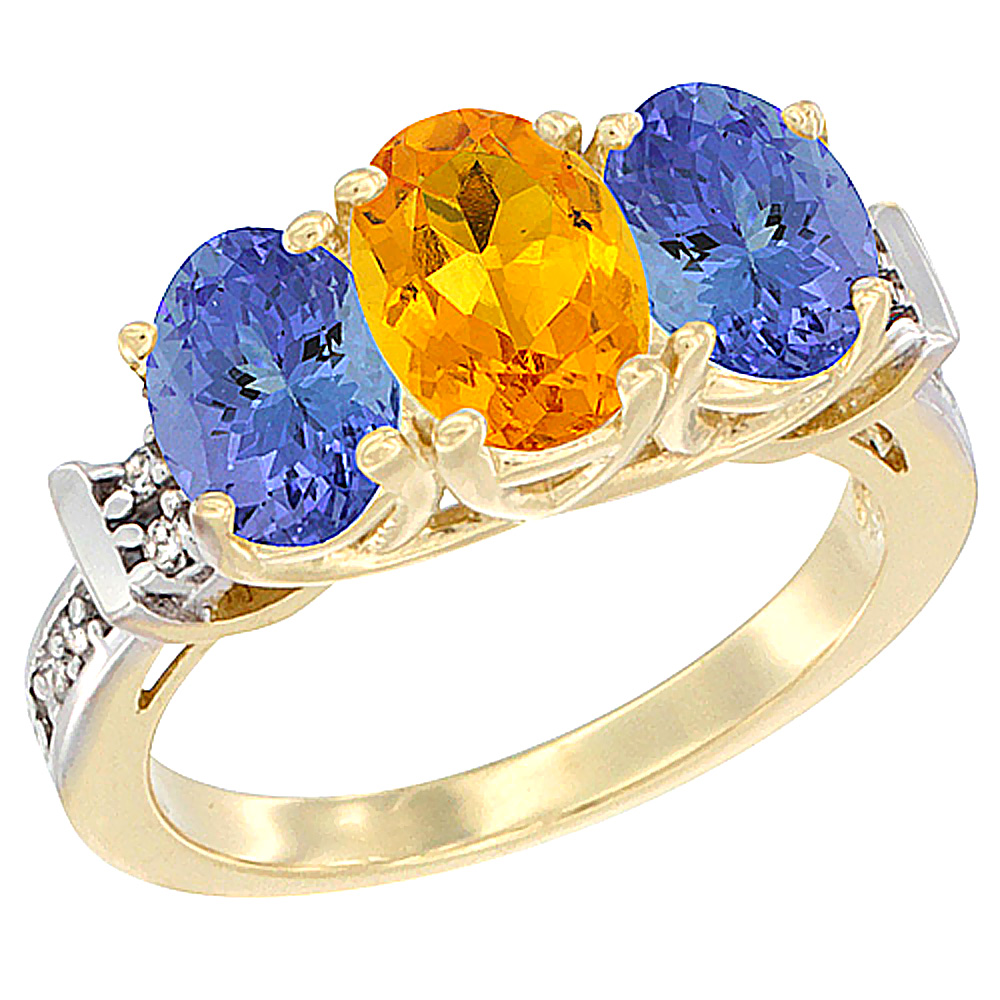 14K Yellow Gold Natural Citrine &amp; Tanzanite Sides Ring 3-Stone Oval Diamond Accent, sizes 5 - 10