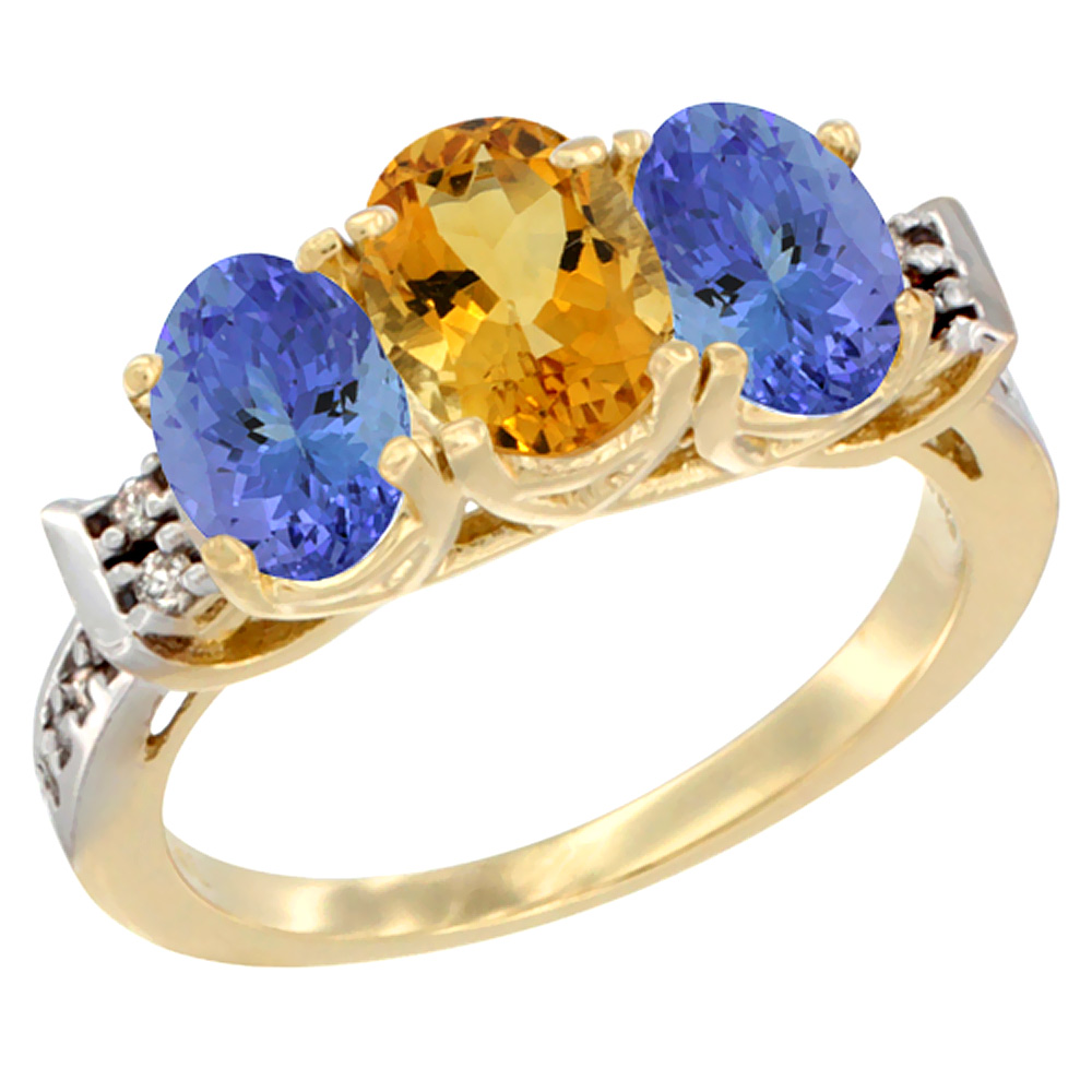 10K Yellow Gold Natural Citrine &amp; Tanzanite Sides Ring 3-Stone Oval 7x5 mm Diamond Accent, sizes 5 - 10