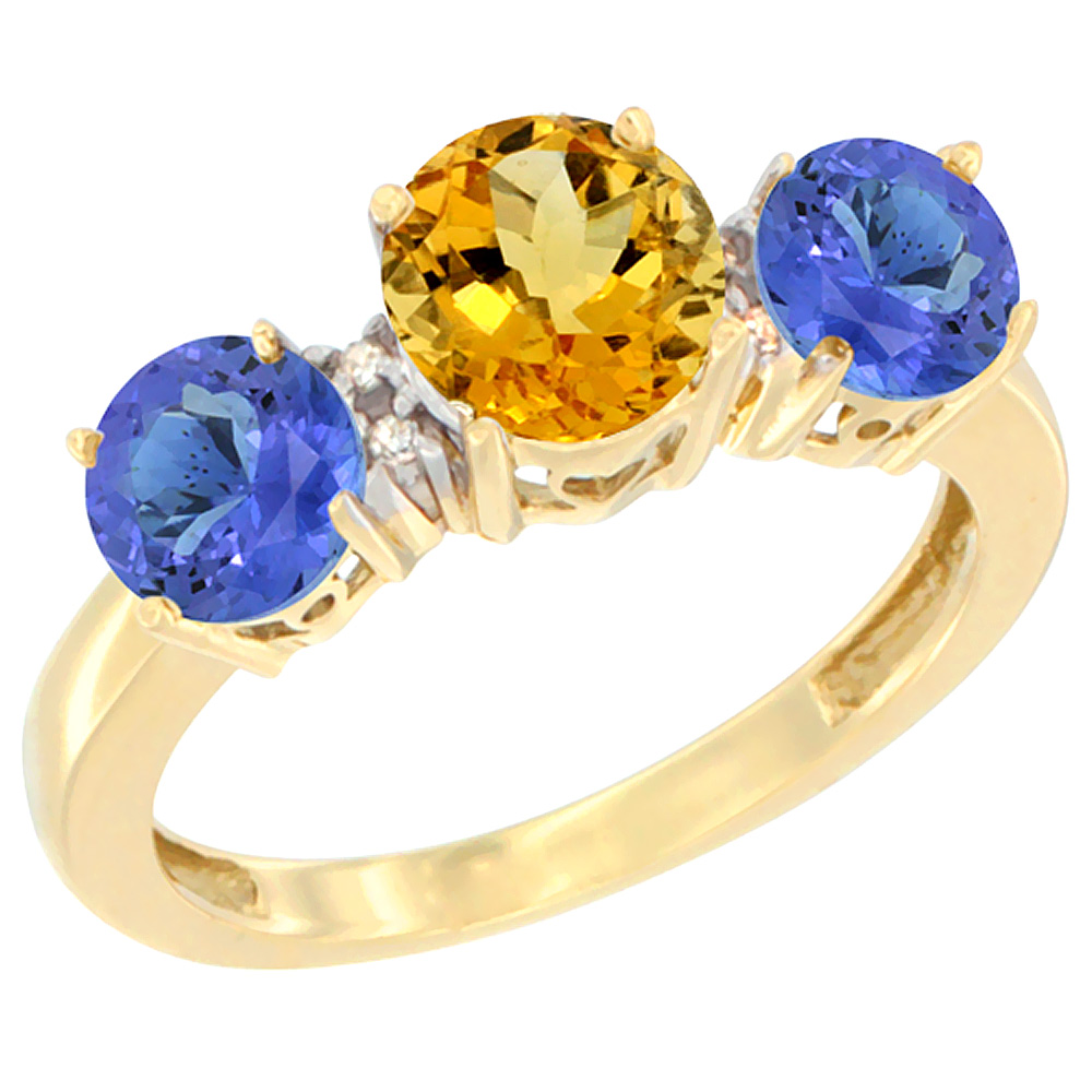 10K Yellow Gold Round 3-Stone Natural Citrine Ring &amp; Tanzanite Sides Diamond Accent, sizes 5 - 10